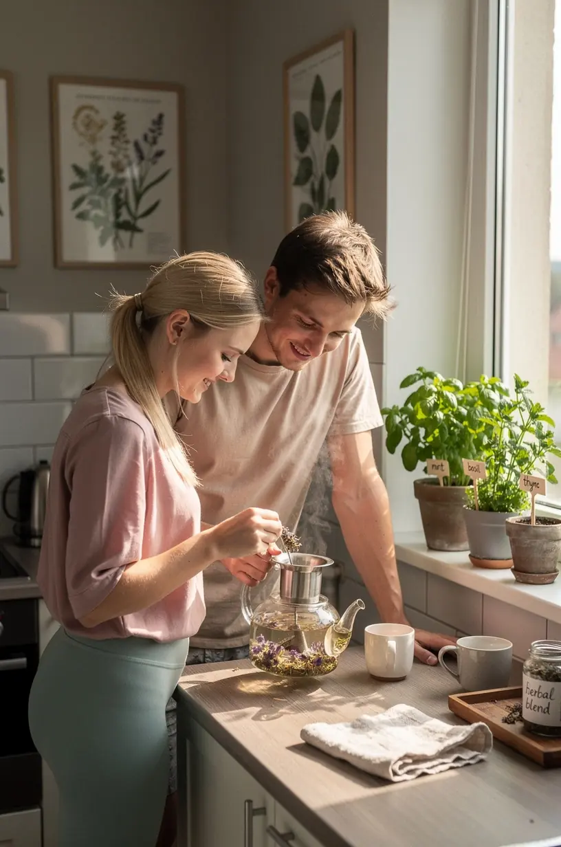 Rankos laiko arbatinuką su garuojančia žolelių arbata tyliai rytmečio fone.