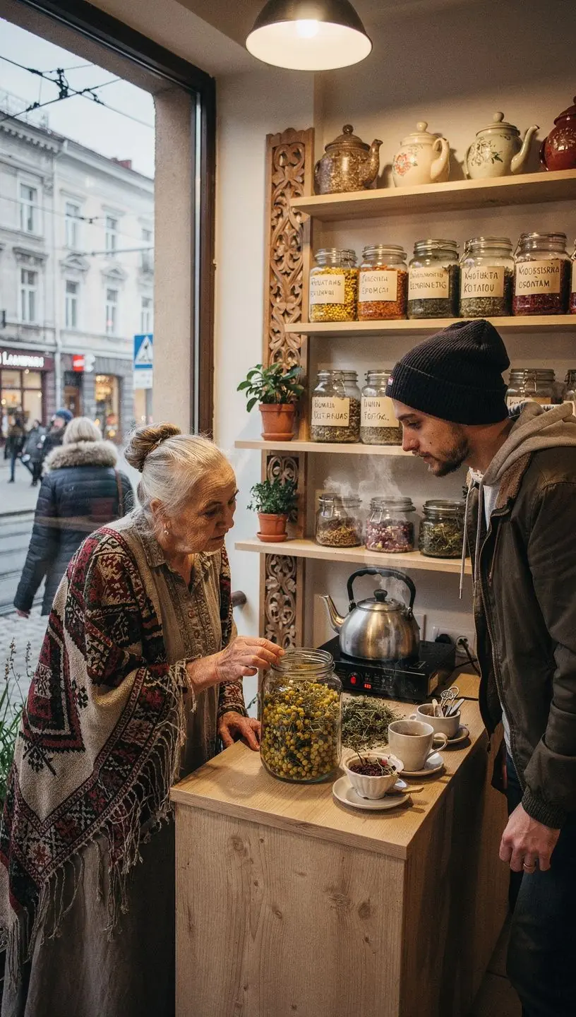Šilto žolelių arbatos puodelis ant medinio stalo ramiai apšviestoje aplinkoje.