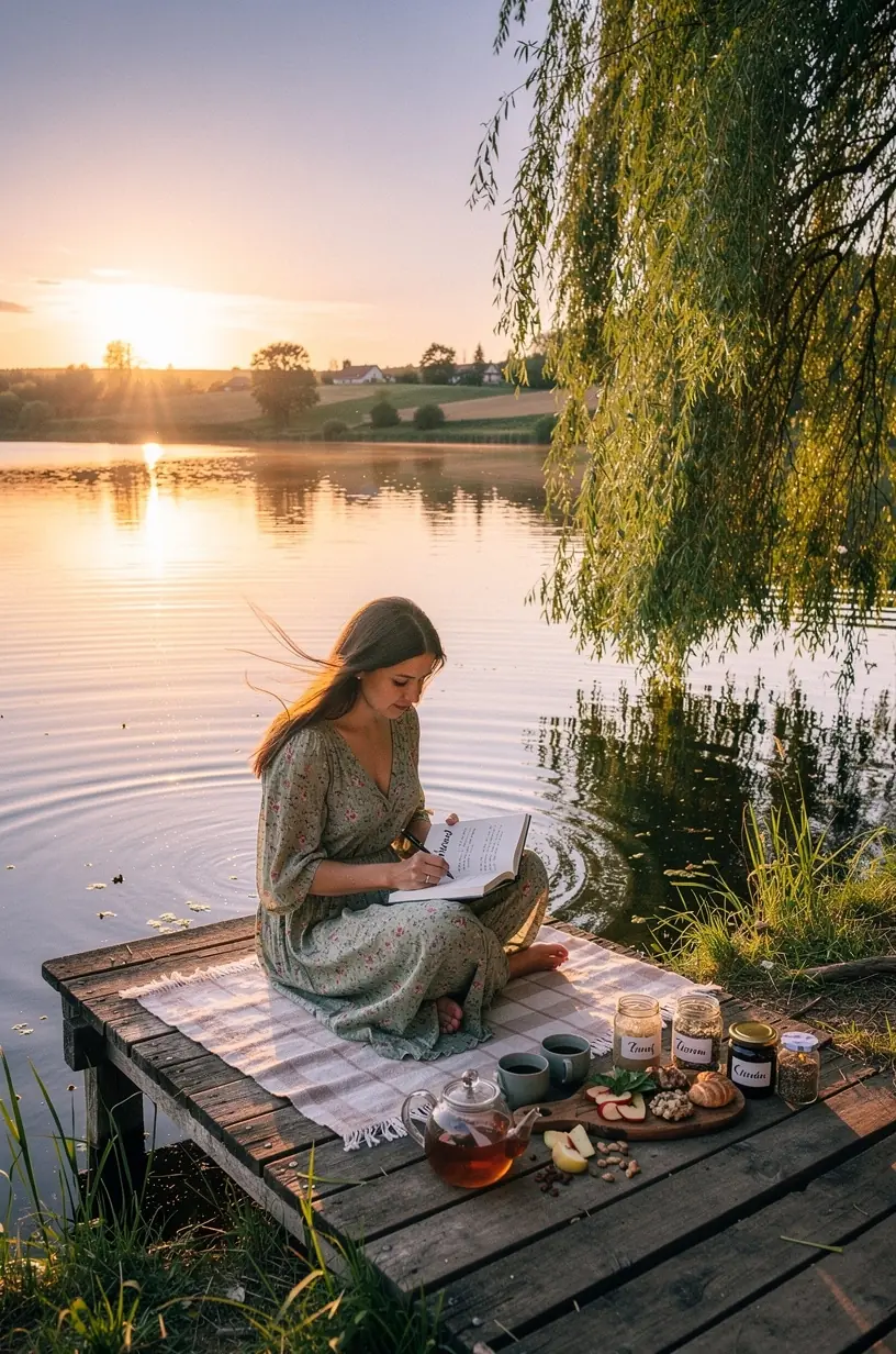 Atverstas žolelių arbatos ritualų žurnalas su natūralių žolelių iliustracijomis.
